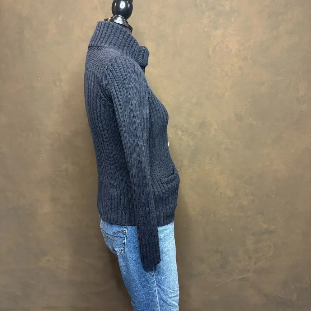 Talbots Petites Pima Cotton Rib Knit Cardigan Sweater Navy Blue Size Small